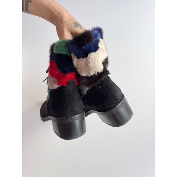 STUART WEITZMAN Black Suede Rainbow Rabbit Fur Trim Combat Boots, Size 8 - Picture 8 of 15